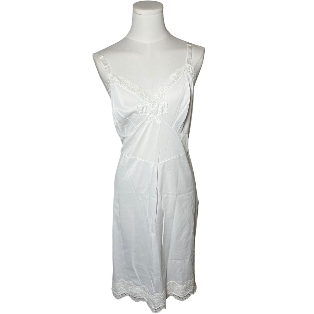 Vintage Shadowline White Nylon Full Slip‎ Lace Trim Tall 40 Coquette